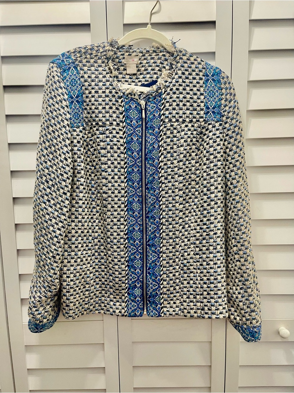 Chico’s Woven Blue & Cream Frayed Zip-Front Women's Jacket